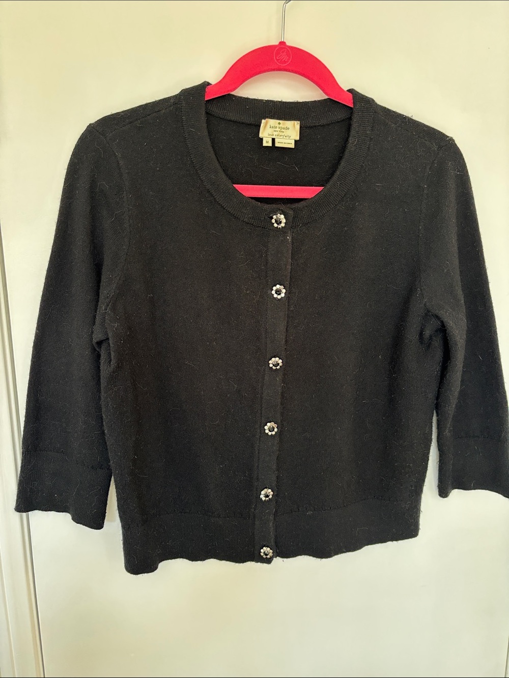 kate spade Black Crewneck Cashmere-Blend Cardigan with Floral Buttons